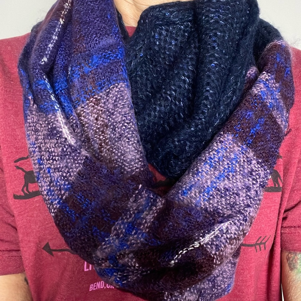 Renee’s NYC Accessories Navy Blue with Sequins-Purple Plaid Infinity Scarf- OS